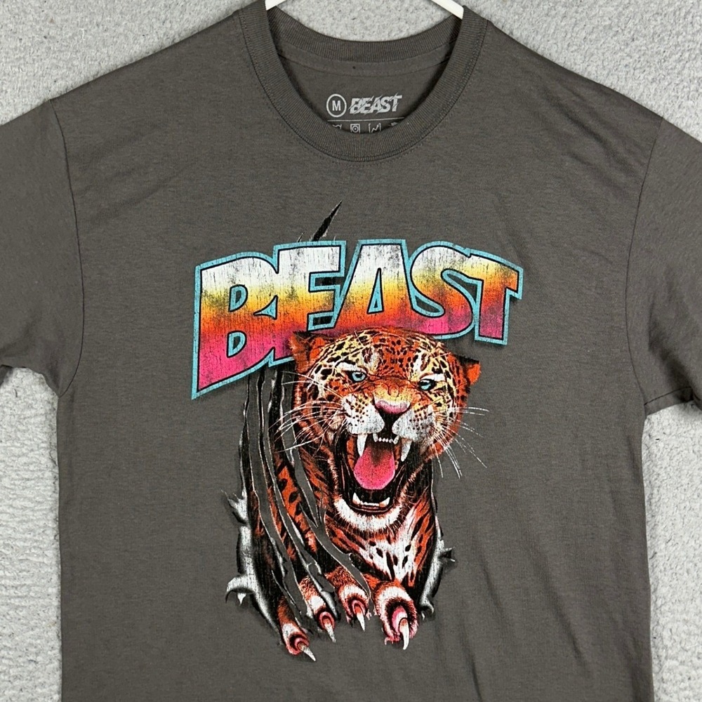 Mr. Beast T-Shirt Mens Medium Charcoal Grey Tiger Beast Graphic Tee Short Sleeve